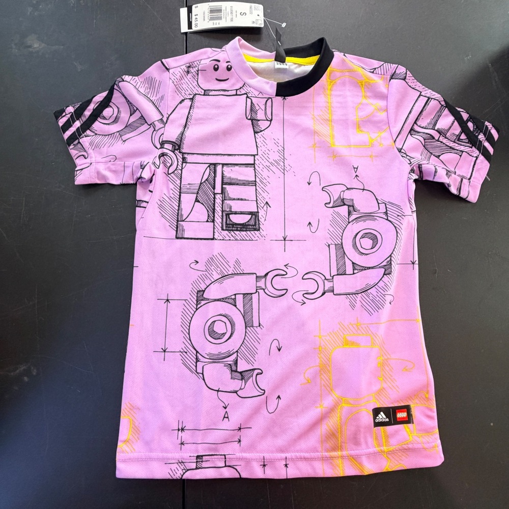 Adidas LEGO Graphic Training Tee Kids Size S Bliss Lilac Black Yellow HM2222